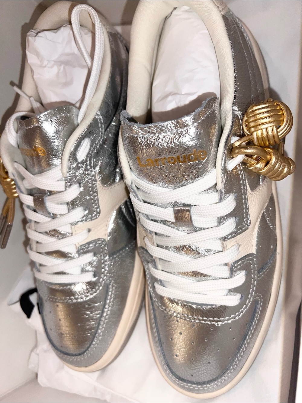 Larroude George Sneaker in Silver Leather & Ivory Leather NWT - Picture 6 of 15